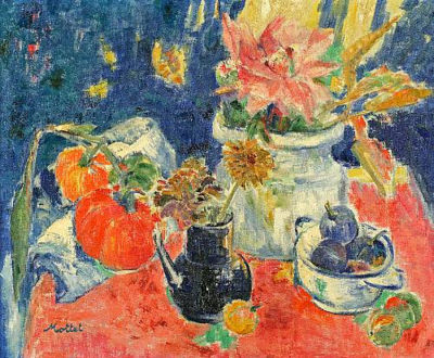 Still Life of Flowers, Plums and Pumpkins on a Table