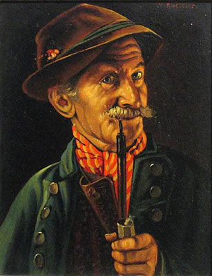 A man smoking a pipe; A man in a red jacket (a pair)