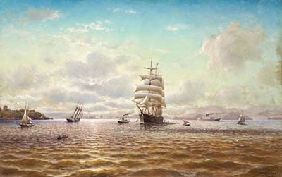 SHIPS SAILING IN THE SAN FRANCISCO BAY WITH FORT POINT IN THE DISTANCE, 1907