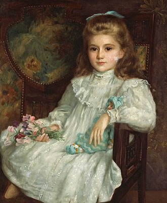 A portrait of a young girl in a white dress holding her doll and a posy of sweet peas