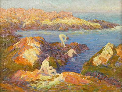 BATHERS AMONGST THE ROCKS IN A COVE