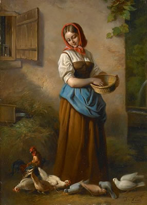A Peasant Woman Feeding Chickens