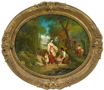 Young children fishing on a river bank; also a companion painting of young women with children washing clothes on a river bank (a pair)