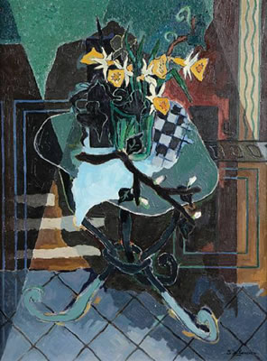 Still life with daffodils in a vase on a table