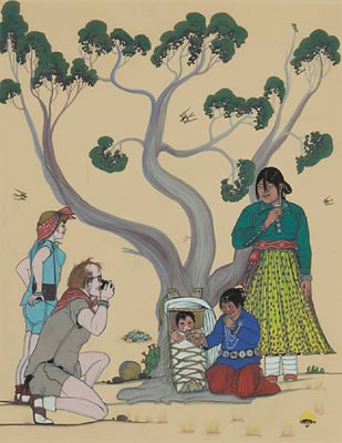 Depicting a tourist couple photographing a Navajo family by Quincy Tahoma - Auction record, sale price, and art valuation. Compare with similar artists and explore comparable artworks.
