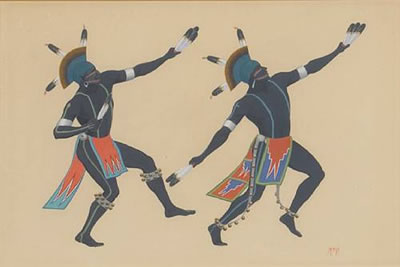 "Zia Corn Dancer" and a depiction of a pair of Crow dancers