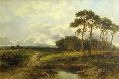 A pastoral landscape with two figures by a pond