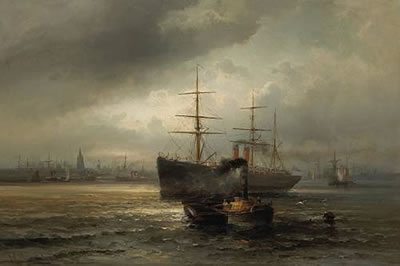 The 'SS Aurania' and a tugboat in Liverpool Harbor
