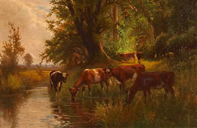 A pastoral landscape with cattle grazing and watering in a pond; also a companion landscape (a pair)