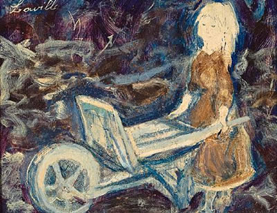 A little girl with a wheelbarrow