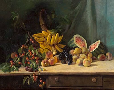 Still life with cherries, bananas, watermelon and other fruit on a table, 1895 by William Hubacek - Auction record, sale price, and art valuation. Compare with similar artists and explore comparable artworks.