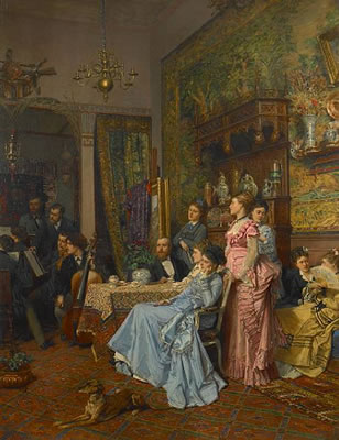 Concert d'amateurs dans un atelier d'artiste by Adrien Moreau - Auction record, sale price, and art valuation. Compare with similar artists and explore comparable artworks.