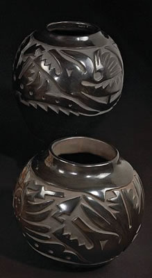 Two Santa Clara carved blackware jars