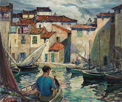 Fisherman's cove, Martigues, France by Myron Angelo Oliver - Auction record, sale price, and art valuation. Compare with similar artists and explore comparable artworks.