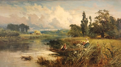 A river landscape with figures in a boat