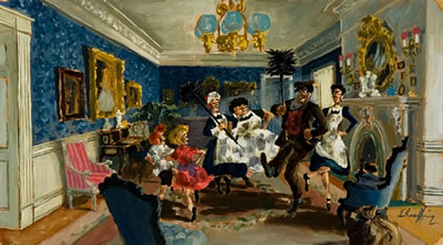 Showing Mary Poppins, Bert, the children and the maids dancing in the living room.
