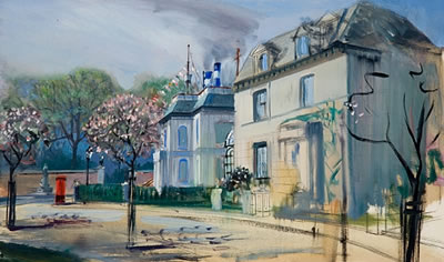 A view of the Banks' home at 17 Cherry Tree Lane, the admiral's house visible just beyond. by Peter Ellenshaw - Auction record, sale price, and art valuation. Compare with similar artists and explore comparable artworks.
