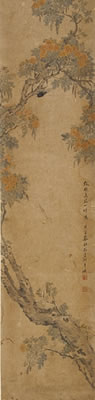 A) Grasshopper amid blossoming tree, b) Magpies and plum blossoms AND c) Cicada and blossoming tree