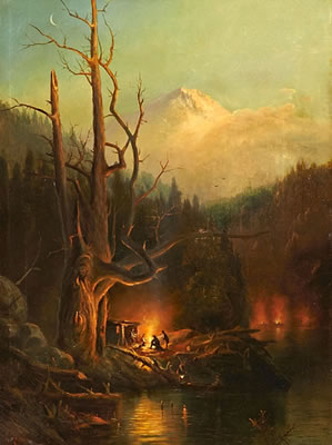Encampment at the base of a snow-covered mountain, thought to be Mount Shasta