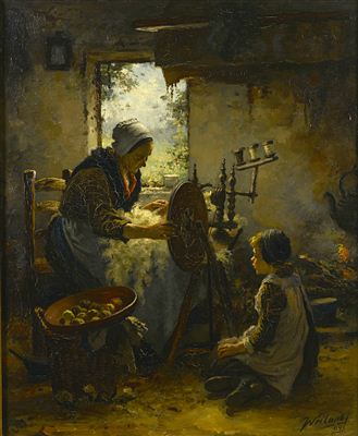 A mother and child at a spinning wheel