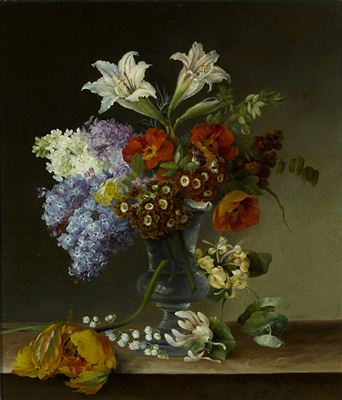 A still life with lilac, honeysuckle, lilies-of-the-valley and other blossoms in a crystal vase