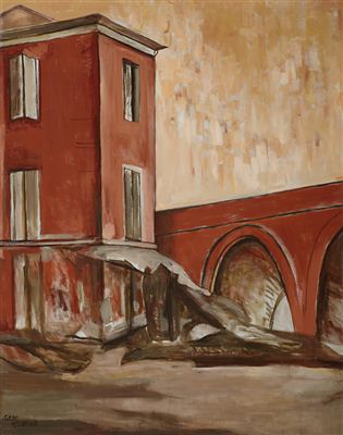 Three stories and arches; Café à Poste; Arches on the left; View of a building with a fence in the foreground; Two trees with a tower beyond; Awnings under trees; View of a town with red roofs; View of a town with arches in the foreground (eight panels)