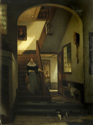 An interior with a woman descending a staircase