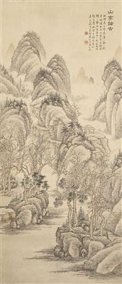 A) Landscape; inscribed with the title shan ting lun gu (Discussing the Ancients in a Pavilion) AND b) Beauty Strolling by Blossoming Plum