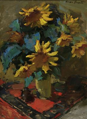 Still life with sunflowers in a vase by Sergei Bongart - Auction record, sale price, and art valuation. Compare with similar artists and explore comparable artworks.