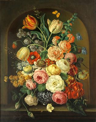 A still life with tulips, roses and other flowers in a ceramic vase within a niche; and a companion floral still life (a pair)
