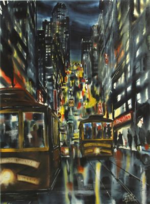 Cable cars on California Street at night