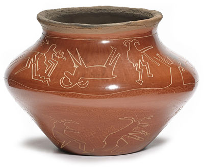 A Santa Clara redware sgraffito jar