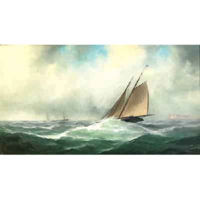 A Sailboat with Larger Vessels in Distance