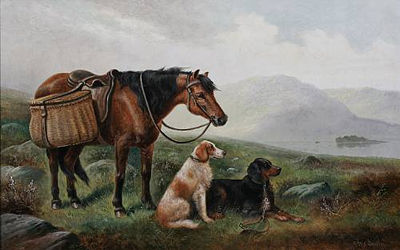 Shooting pony and setters by a loch; Setters by a loch (a pair)