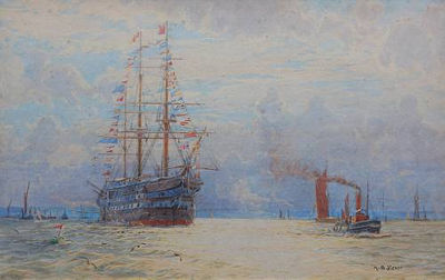 H.M.S. Victory under tow by Henry Branston Freer - Auction record, sale price, and art valuation. Compare with similar artists and explore comparable artworks.