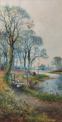 Drover and sheep on a riverside path