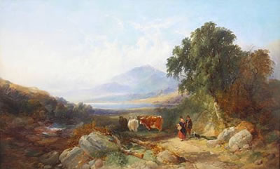 Travellers and cattle before a mountain landscape