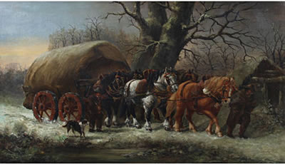 Waggon and horses on a wintry day