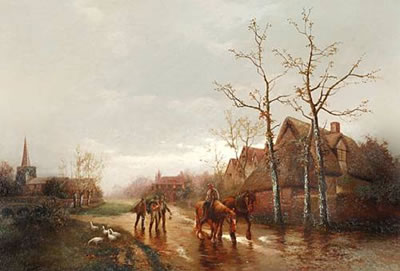 Farmers and horses on a country track, and another: Farm workers on a village lane, a pair