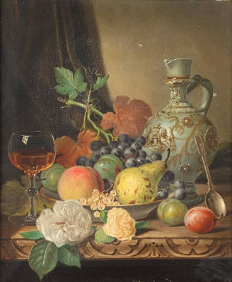 Still life of fruit, a glass and a stoneware bellarmine