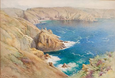 Coastal landscape with rugged cliffs and turquoise sea by Ethel Sophia Cheeswright - Auction record, sale price, and art valuation. Compare with similar artists and explore comparable artworks.
