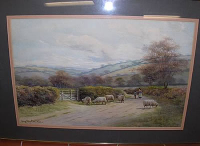 Sheep and figures on a country lane by George Oyston - Auction record, sale price, and art valuation. Compare with similar artists and explore comparable artworks.