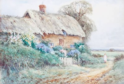 Girl on a track before a thatched cottage by Alexander Molyneux Stannard - Auction record, sale price, and art valuation. Compare with similar artists and explore comparable artworks.