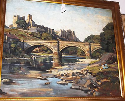 River scene with bridge and castle ruins, thought to be Knaresborough