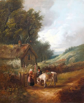 Figures and horse before a country cottage; and another of figures on a woodland path