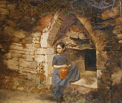A girl seated in a stone arch