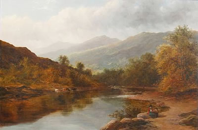 River landscape with cattle watering and figures resting on the bank