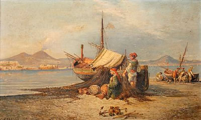 Figures mending nets beside beached fishing boats in the Bay of Naples