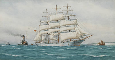 Sailing vessel at Journey's End together with another In Tow (a pair)