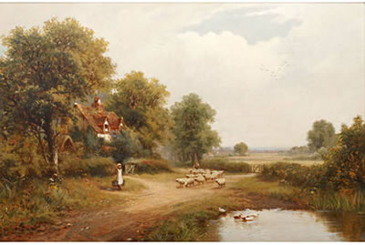 Sheep and drover in a country lane beside a pond; girl with geese beside a pond (2)